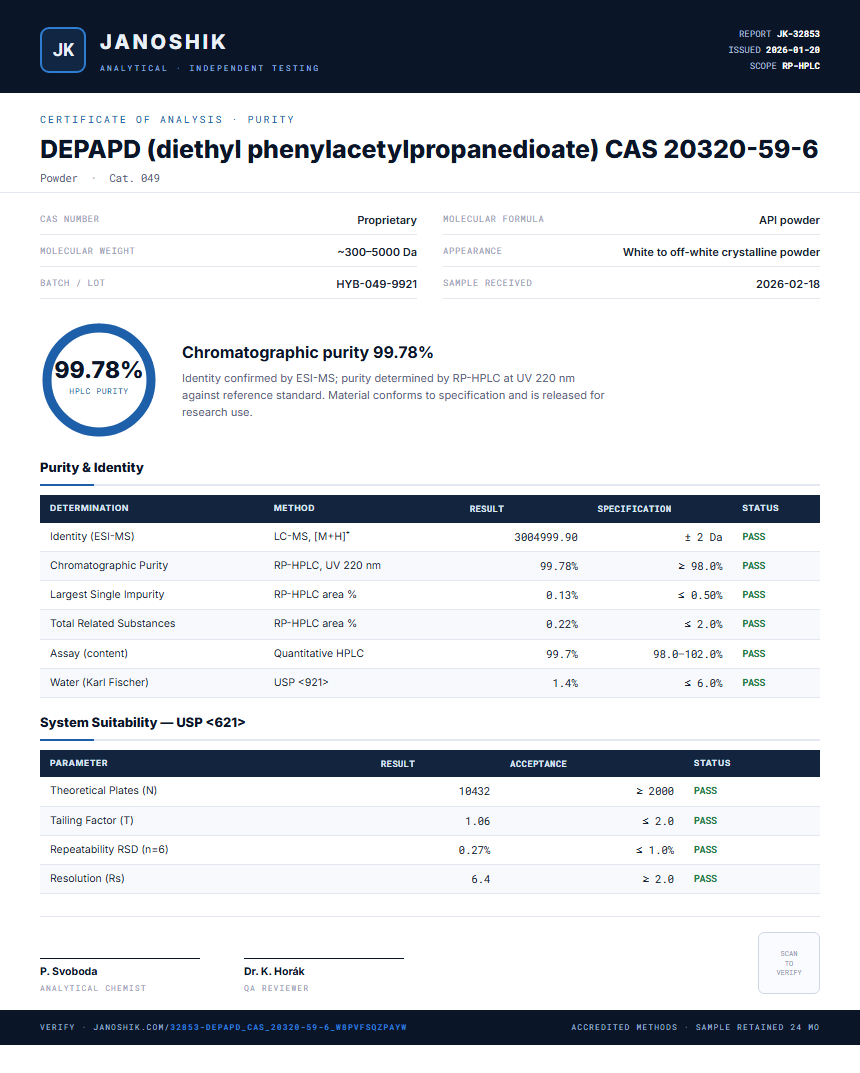 DEPAPD (diethyl phenylacetylpropanedioate) CAS 20320-59-6 Purity (HPLC) report by Janoshik Analytical