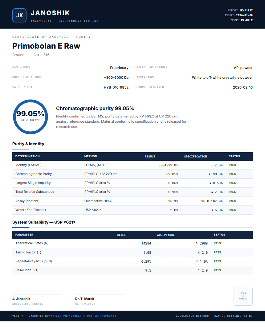 Primobolan E Raw Purity (HPLC) report by Janoshik Analytical