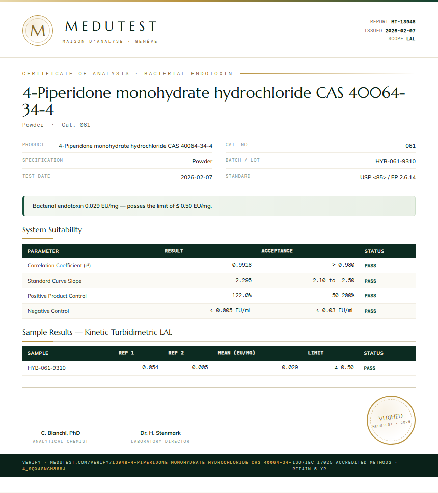 4-Piperidone monohydrate hydrochloride CAS 40064-34-4 Endotoxin report by Medutest