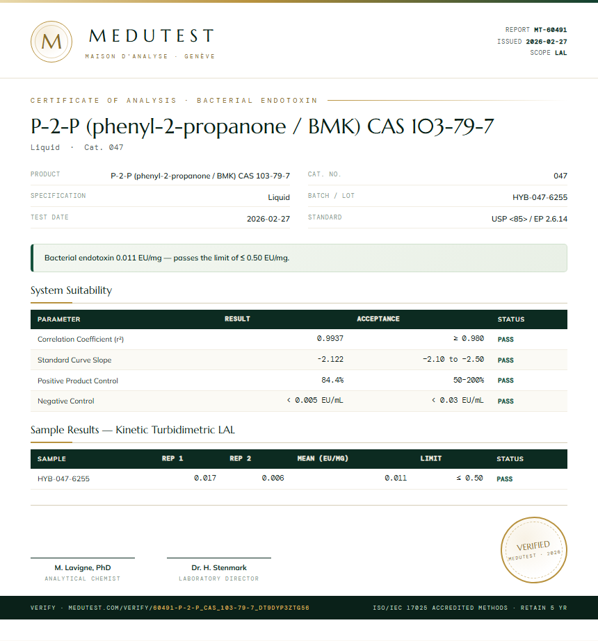 P-2-P (phenyl-2-propanone / BMK) CAS 103-79-7 Endotoxin report by Medutest