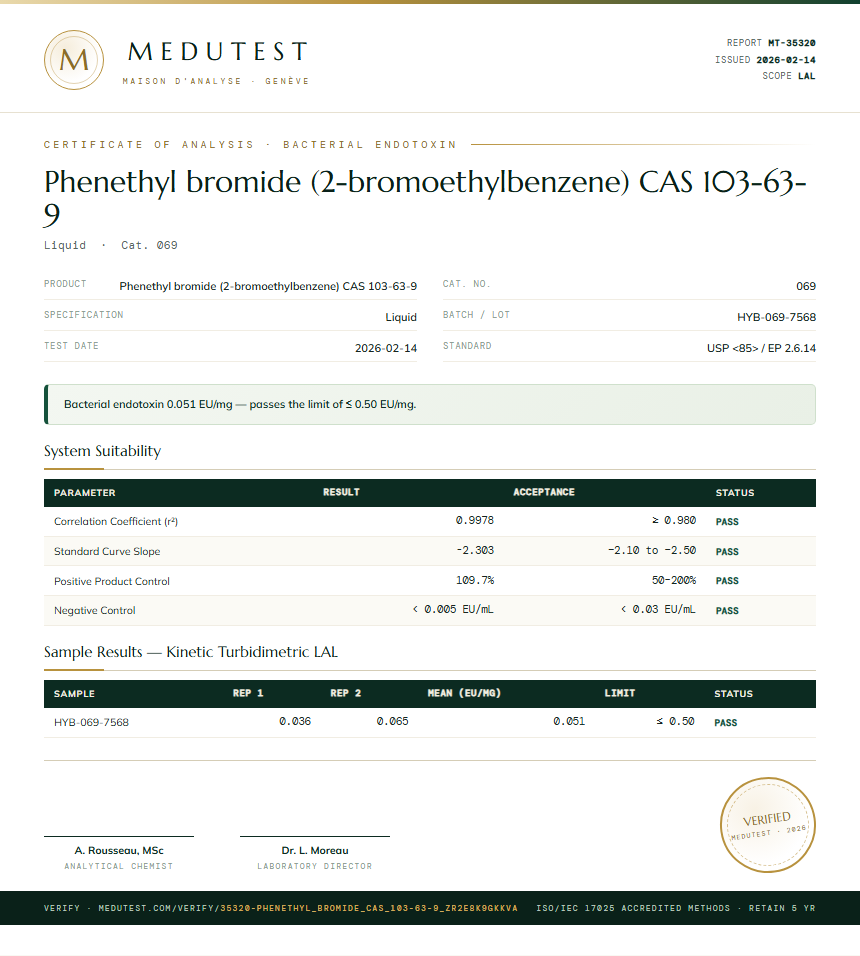 Phenethyl bromide (2-bromoethylbenzene) CAS 103-63-9 Endotoxin report by Medutest