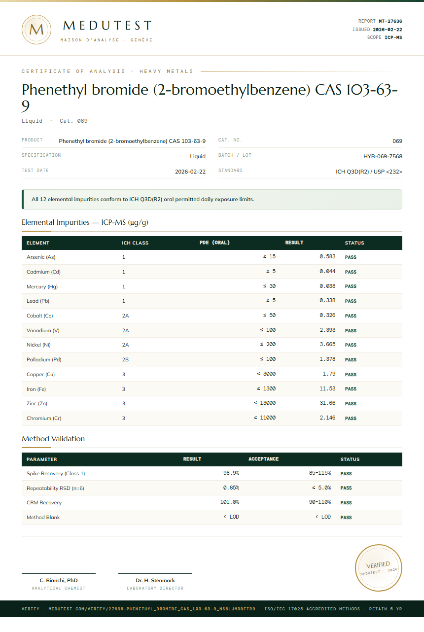 Phenethyl bromide (2-bromoethylbenzene) CAS 103-63-9 Heavy Metals report by Medutest