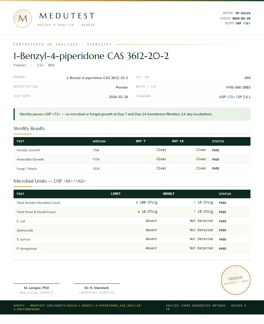 1-Benzyl-4-piperidone CAS 3612-20-2 Sterility report by Medutest