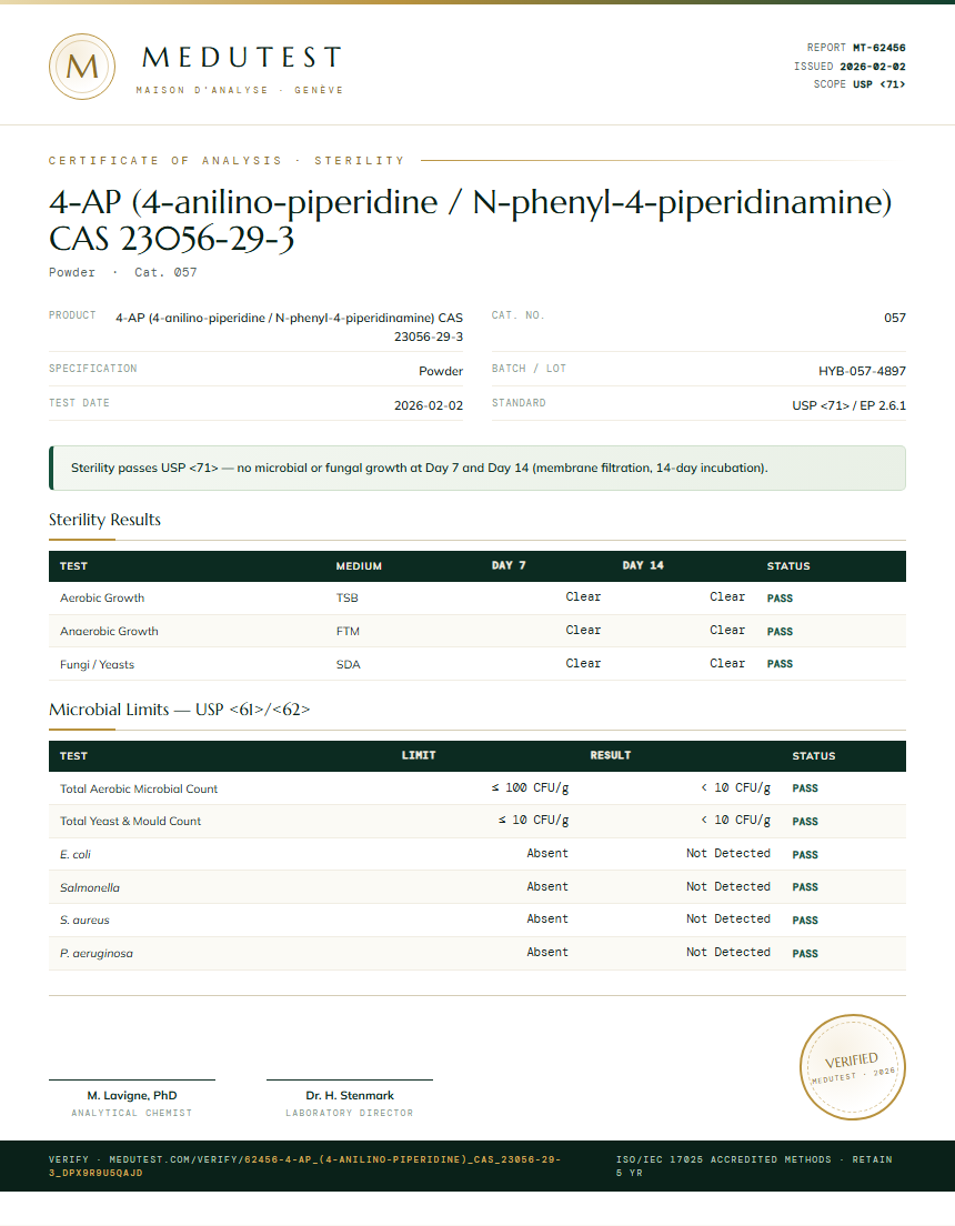 4-AP (4-anilino-piperidine / N-phenyl-4-piperidinamine) CAS 23056-29-3 Sterility report by Medutest
