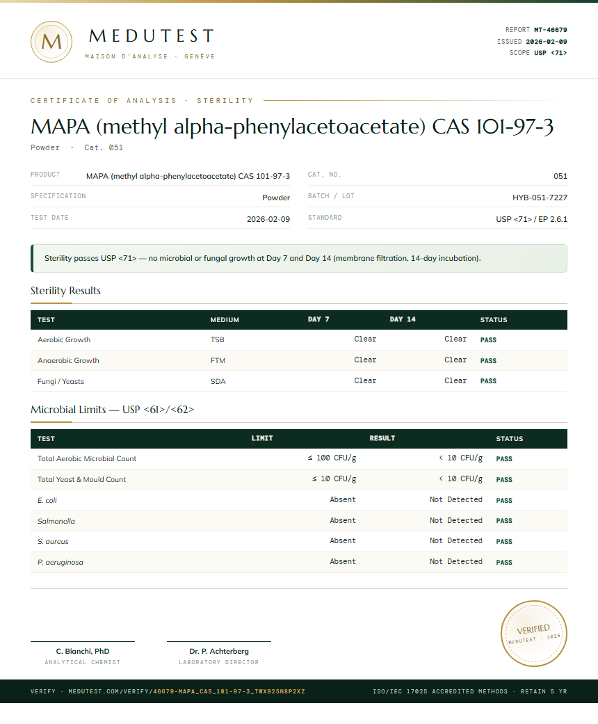 MAPA (methyl alpha-phenylacetoacetate) CAS 101-97-3 Sterility report by Medutest