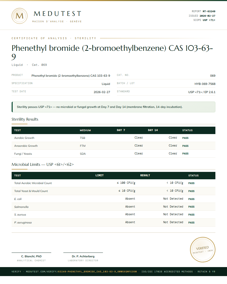 Phenethyl bromide (2-bromoethylbenzene) CAS 103-63-9 Sterility report by Medutest