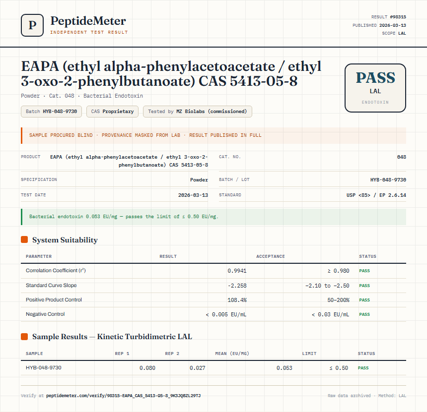 EAPA (ethyl alpha-phenylacetoacetate / ethyl 3-oxo-2-phenylbutanoate) CAS 5413-05-8 Endotoxin report by PeptideMeter