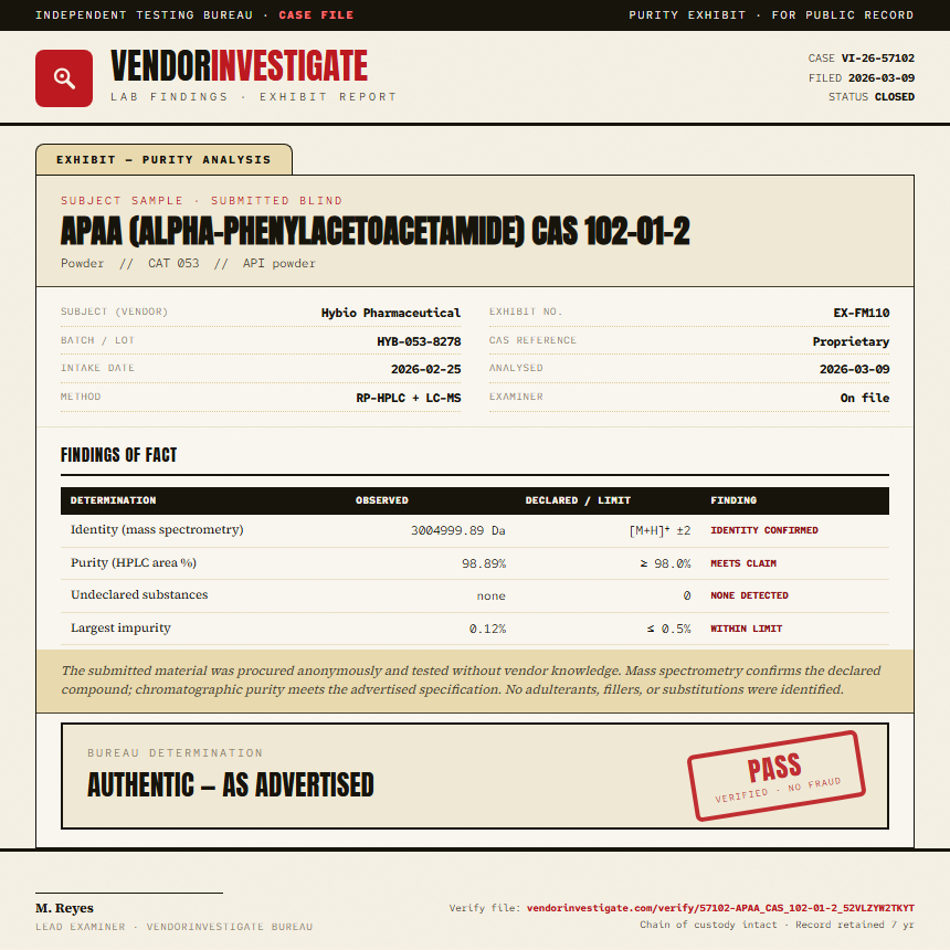 APAA (alpha-phenylacetoacetamide) CAS 102-01-2 Purity (HPLC) report by VendorInvestigate