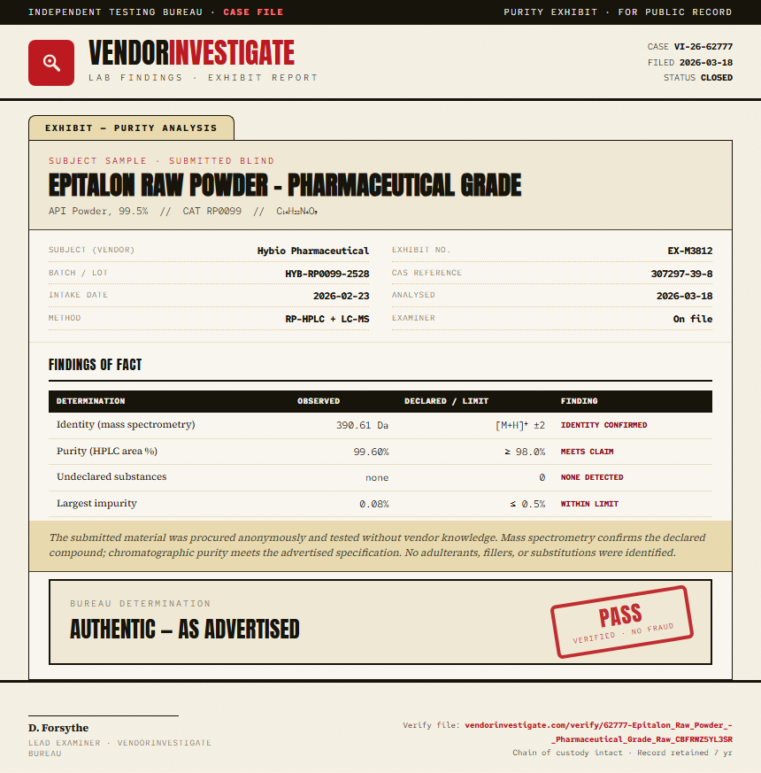 Epitalon Raw Powder - Pharmaceutical Grade Purity (HPLC) report by VendorInvestigate
