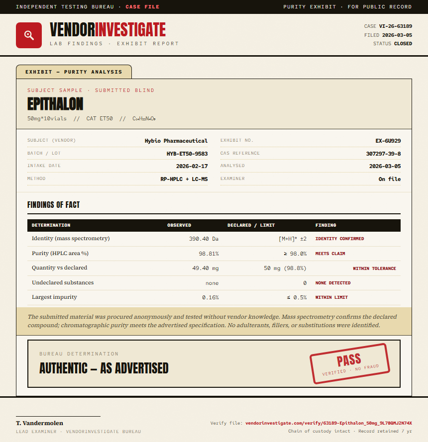 Epithalon Purity (HPLC) report by VendorInvestigate