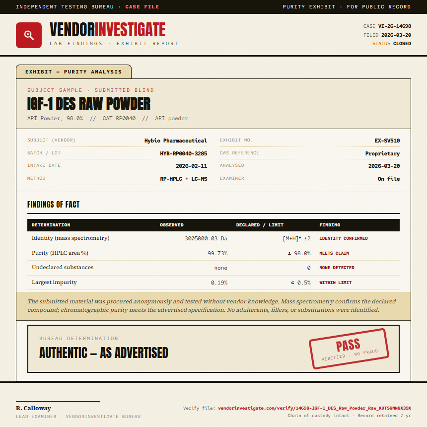 IGF-1 DES Raw Powder Purity (HPLC) report by VendorInvestigate