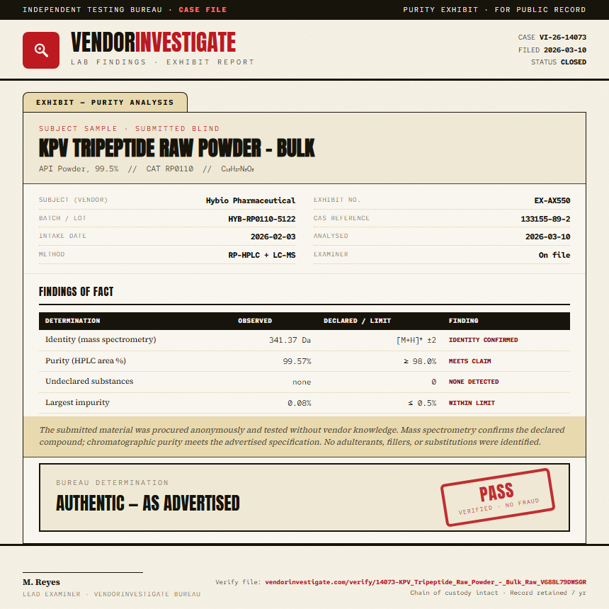 KPV Tripeptide Raw Powder - Bulk Purity (HPLC) report by VendorInvestigate