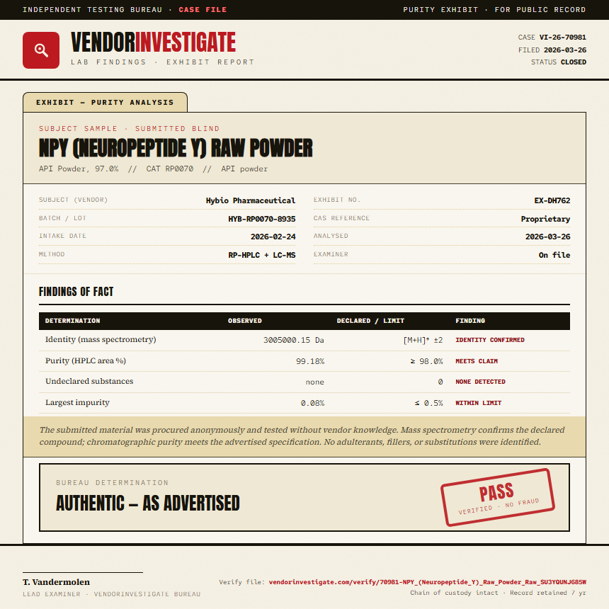 NPY (Neuropeptide Y) Raw Powder Purity (HPLC) report by VendorInvestigate