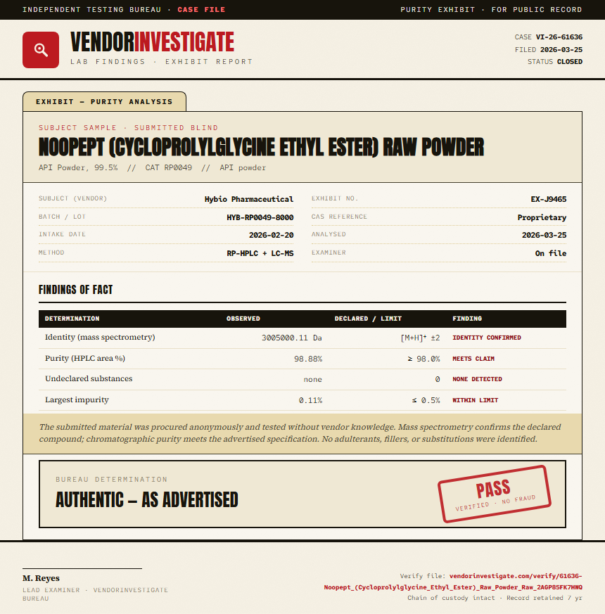Noopept (Cycloprolylglycine Ethyl Ester) Raw Powder Purity (HPLC) report by VendorInvestigate