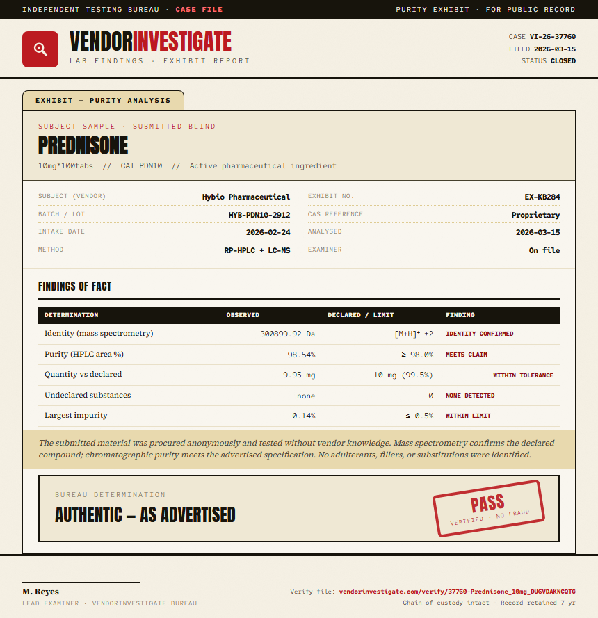 Prednisone Purity (HPLC) report by VendorInvestigate