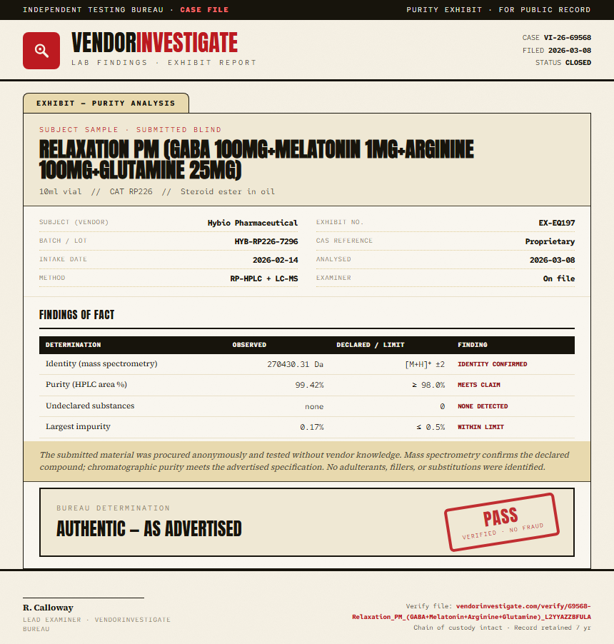 Relaxation PM (GABA 100mg+Melatonin 1mg+Arginine 100mg+Glutamine 25mg) Purity (HPLC) report by VendorInvestigate