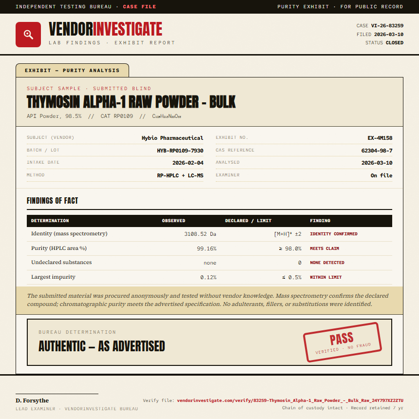 Thymosin Alpha-1 Raw Powder - Bulk Purity (HPLC) report by VendorInvestigate