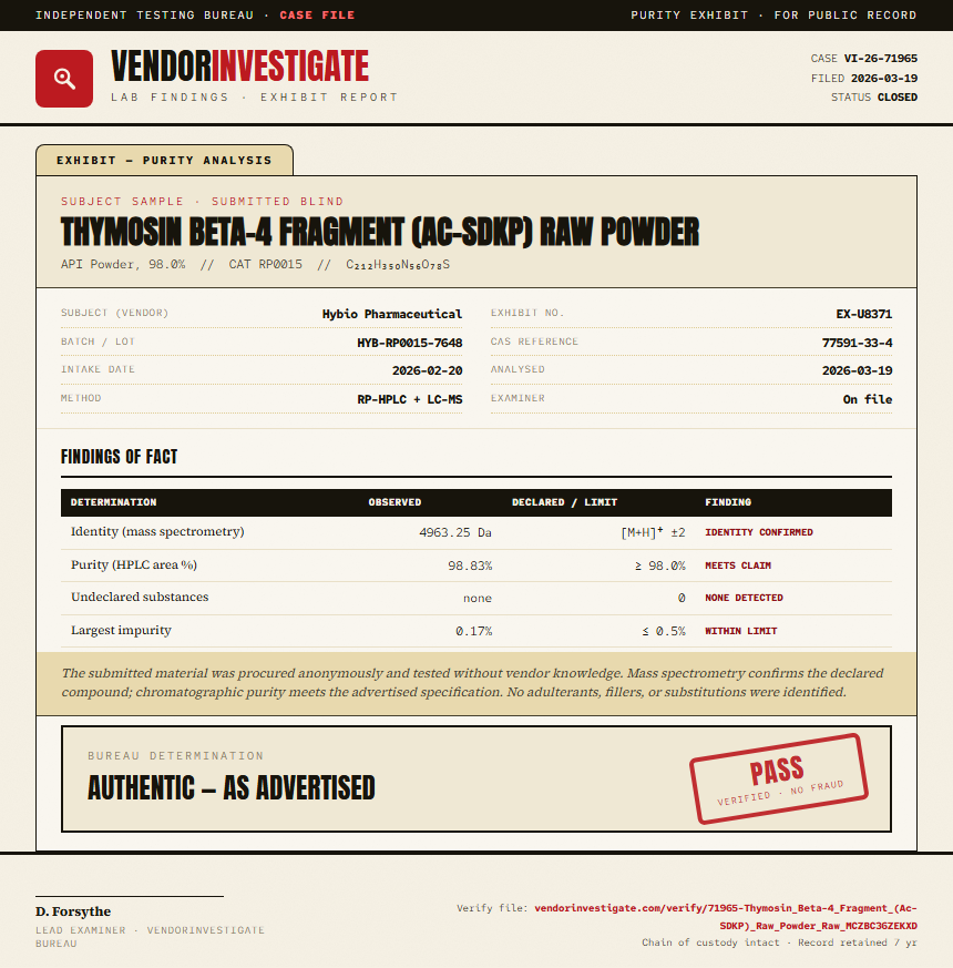 Thymosin Beta-4 Fragment (Ac-SDKP) Raw Powder Purity (HPLC) report by VendorInvestigate