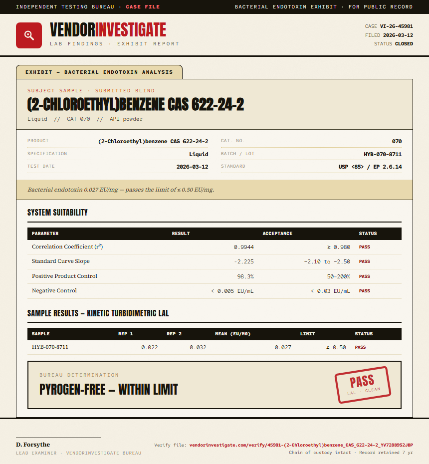 (2-Chloroethyl)benzene CAS 622-24-2 Endotoxin report by VendorInvestigate