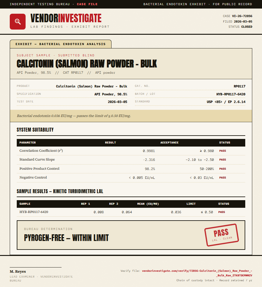 Calcitonin (Salmon) Raw Powder - Bulk Endotoxin report by VendorInvestigate