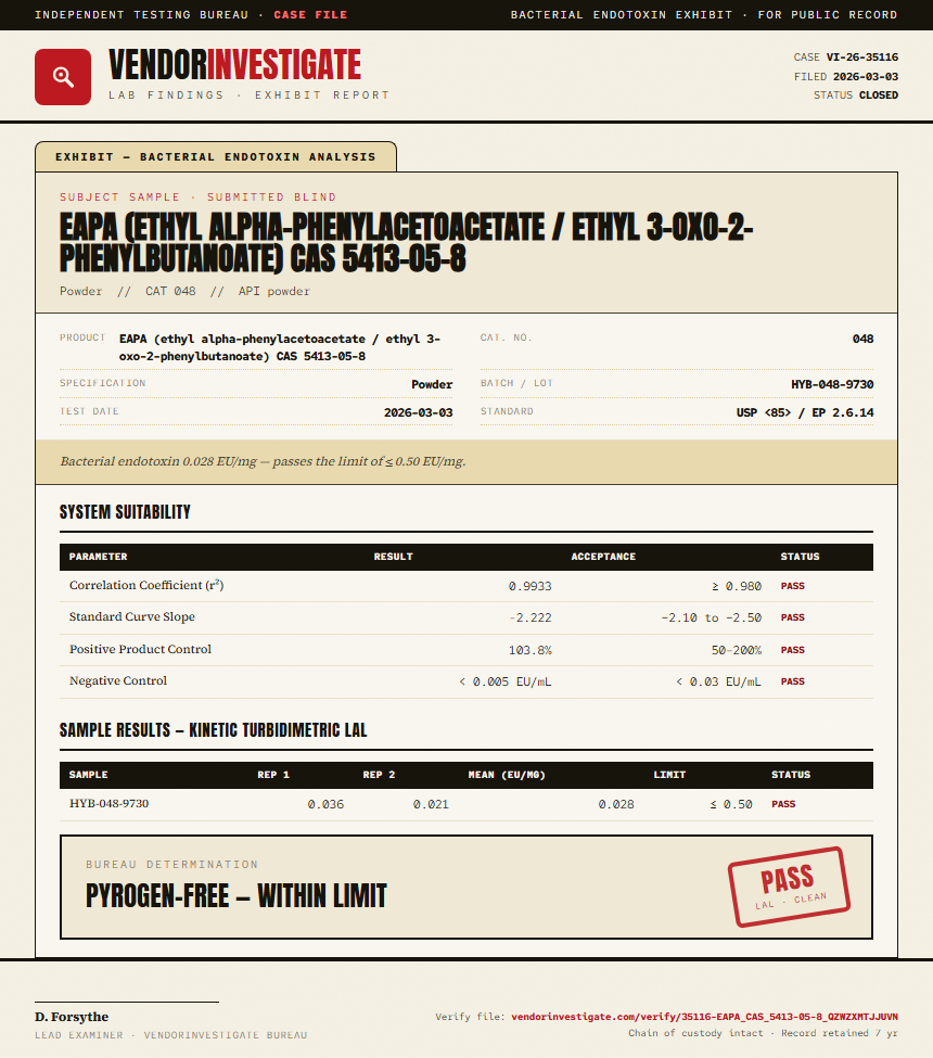EAPA (ethyl alpha-phenylacetoacetate / ethyl 3-oxo-2-phenylbutanoate) CAS 5413-05-8 Endotoxin report by VendorInvestigate