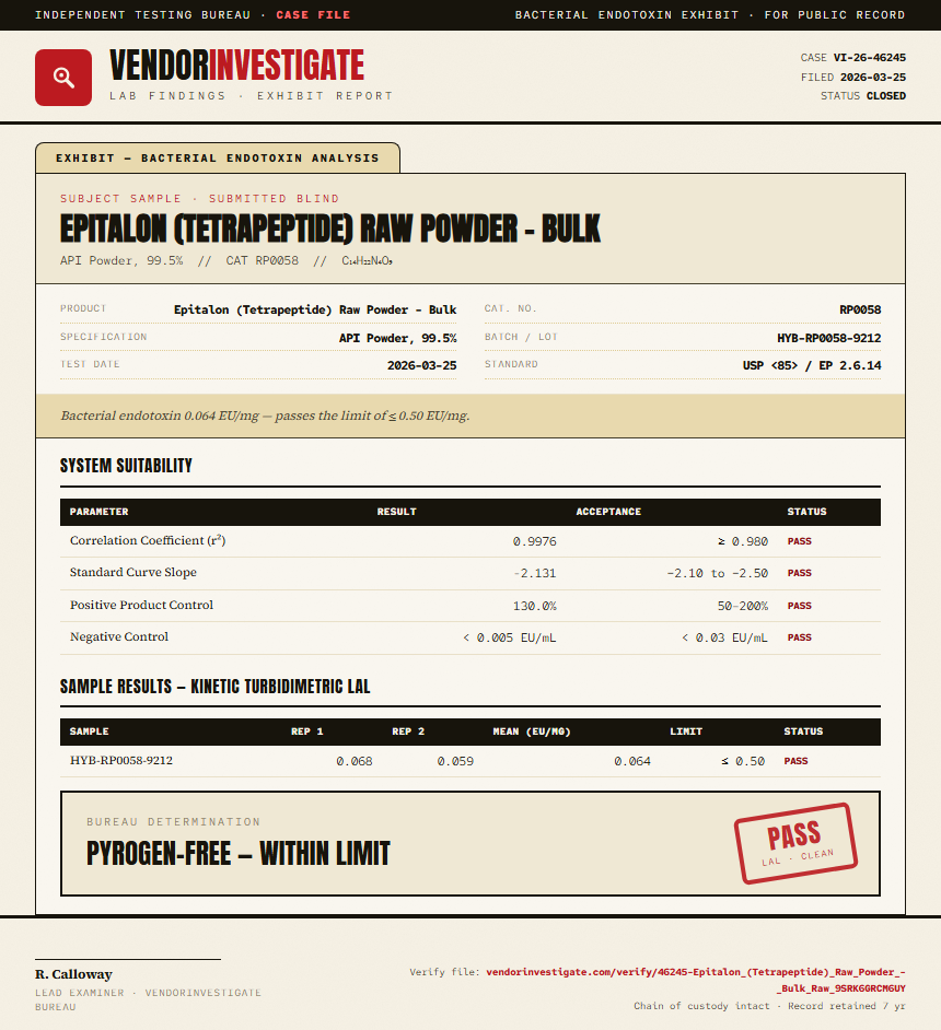 Epitalon (Tetrapeptide) Raw Powder - Bulk Endotoxin report by VendorInvestigate