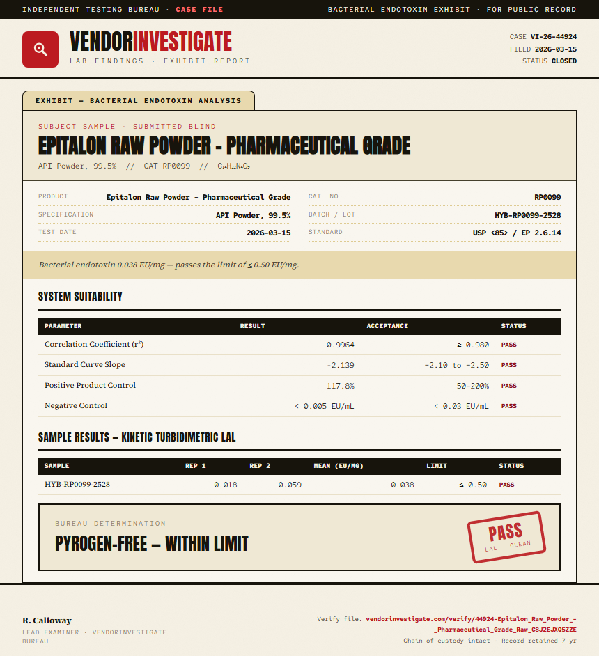 Epitalon Raw Powder - Pharmaceutical Grade Endotoxin report by VendorInvestigate
