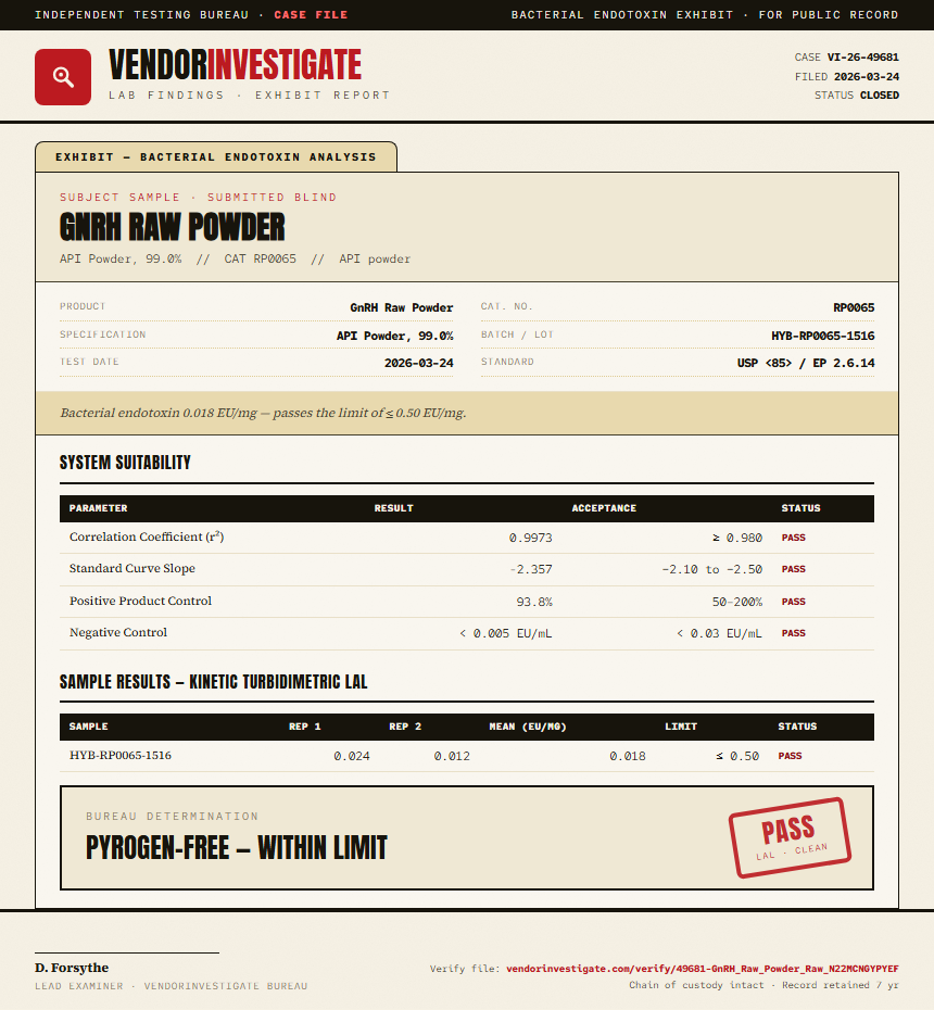 GnRH Raw Powder Endotoxin report by VendorInvestigate