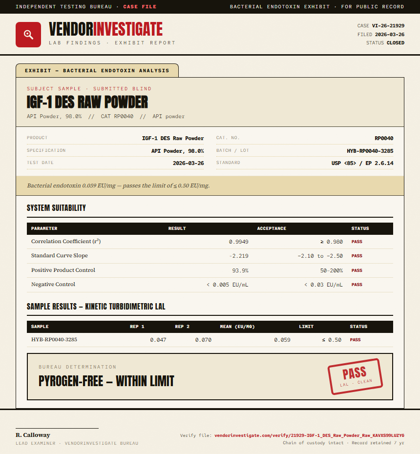 IGF-1 DES Raw Powder Endotoxin report by VendorInvestigate