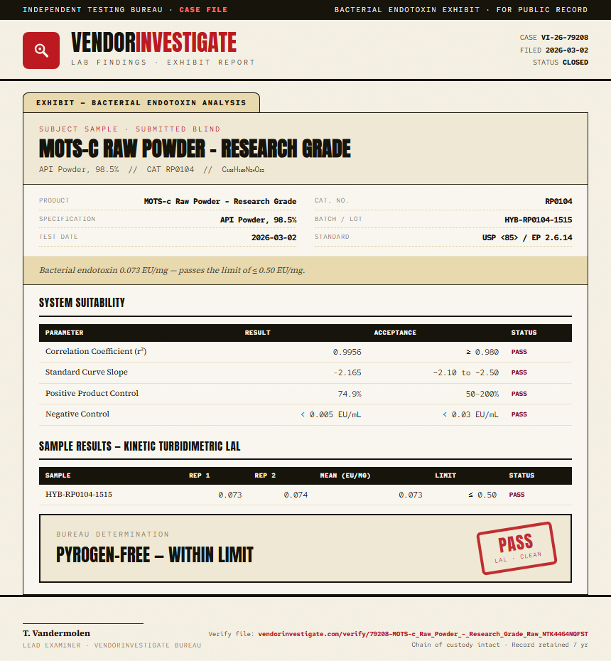 MOTS-c Raw Powder - Research Grade Endotoxin report by VendorInvestigate