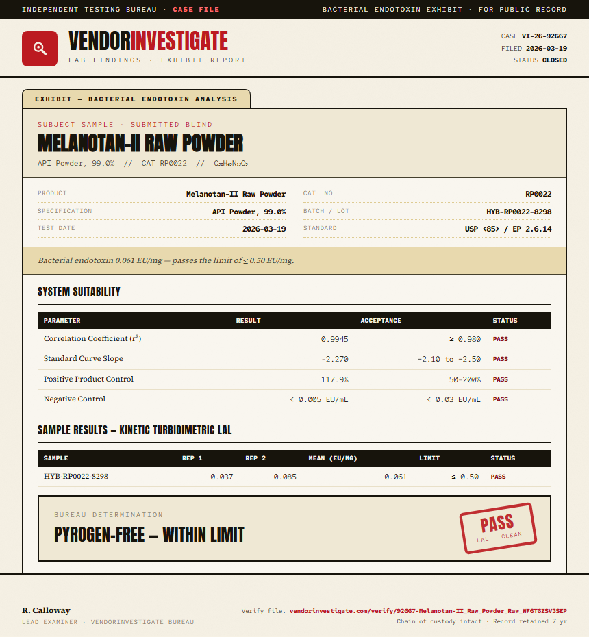 Melanotan-II Raw Powder Endotoxin report by VendorInvestigate