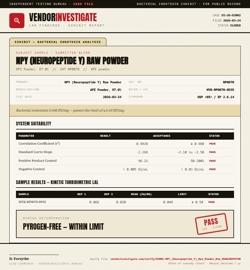 NPY (Neuropeptide Y) Raw Powder Endotoxin report by VendorInvestigate
