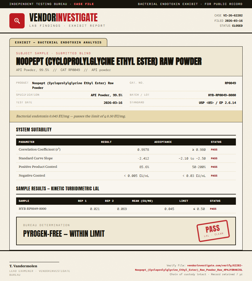 Noopept (Cycloprolylglycine Ethyl Ester) Raw Powder Endotoxin report by VendorInvestigate
