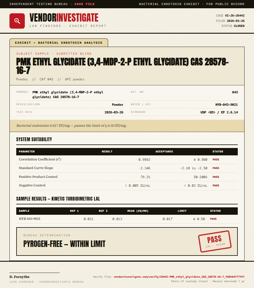 PMK ethyl glycidate (3,4-MDP-2-P ethyl glycidate) CAS 28578-16-7 Endotoxin report by VendorInvestigate