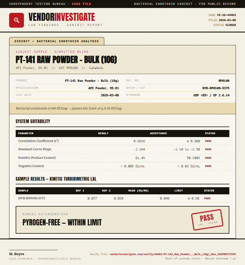 PT-141 Raw Powder - Bulk (10g) Endotoxin report by VendorInvestigate