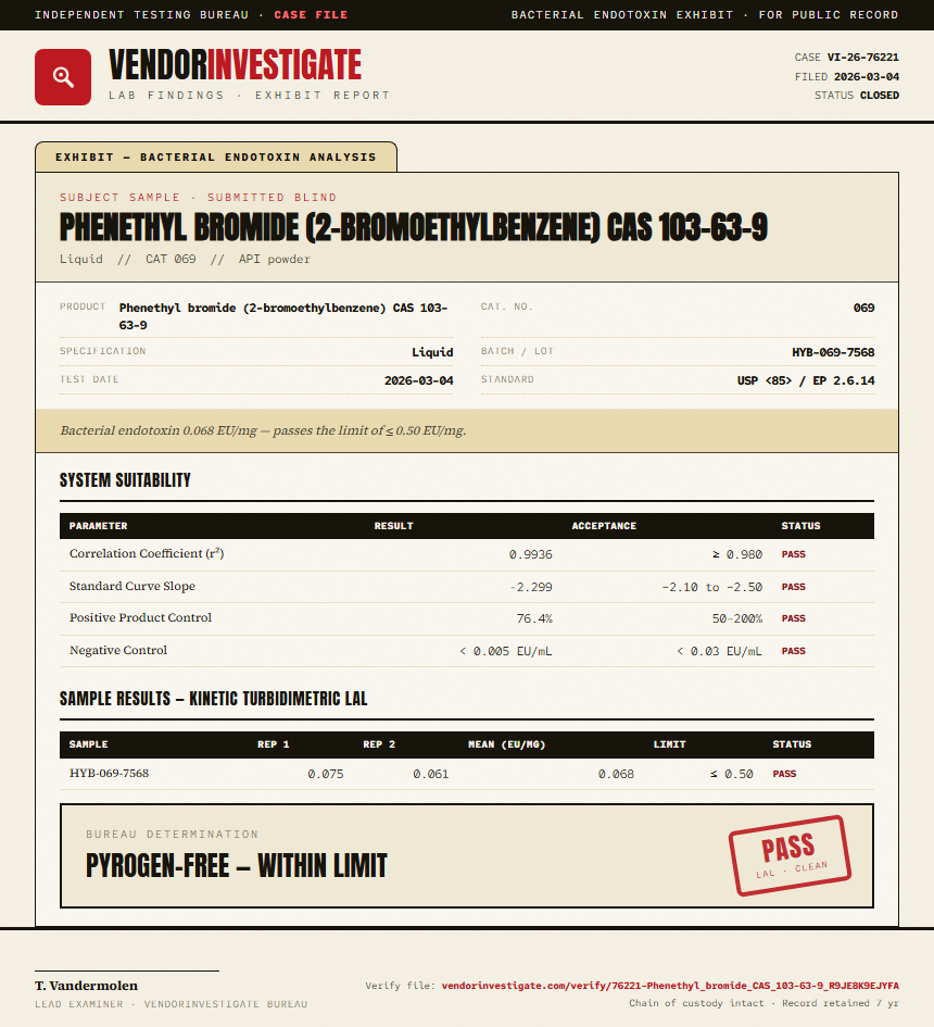 Phenethyl bromide (2-bromoethylbenzene) CAS 103-63-9 Endotoxin report by VendorInvestigate