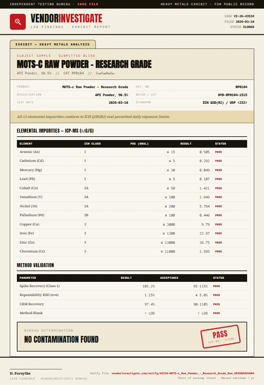 MOTS-c Raw Powder - Research Grade Heavy Metals report by VendorInvestigate
