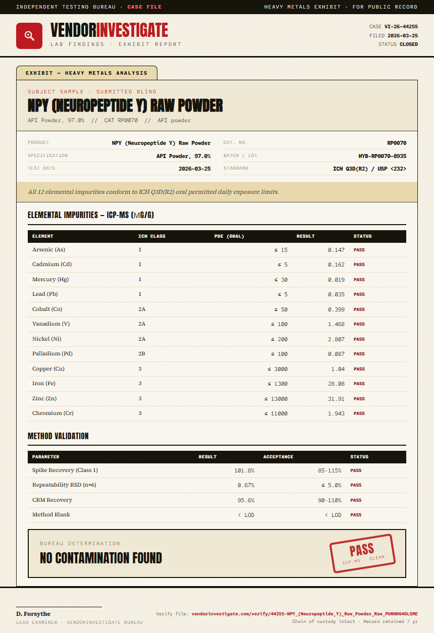 NPY (Neuropeptide Y) Raw Powder Heavy Metals report by VendorInvestigate