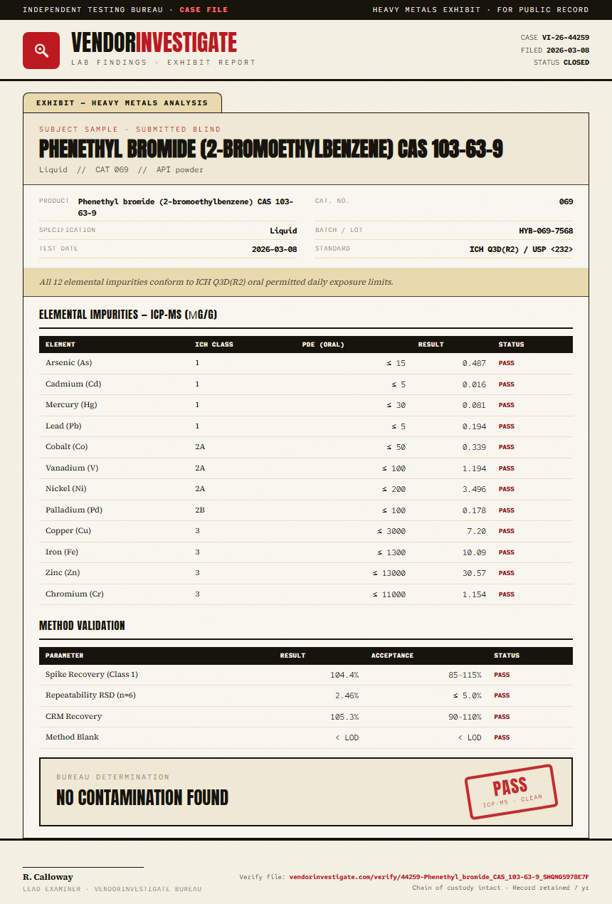 Phenethyl bromide (2-bromoethylbenzene) CAS 103-63-9 Heavy Metals report by VendorInvestigate
