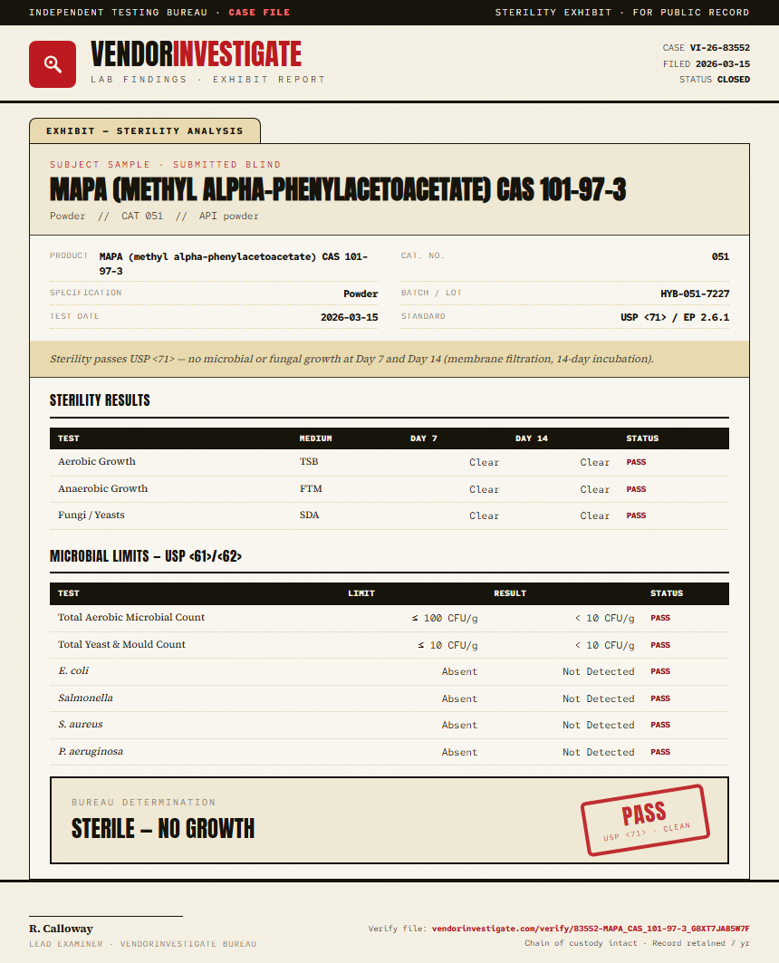 MAPA (methyl alpha-phenylacetoacetate) CAS 101-97-3 Sterility report by VendorInvestigate