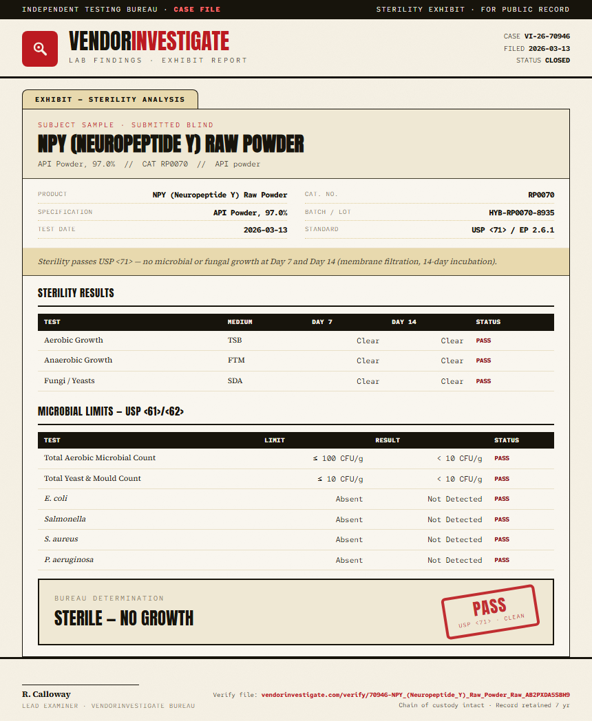 NPY (Neuropeptide Y) Raw Powder Sterility report by VendorInvestigate