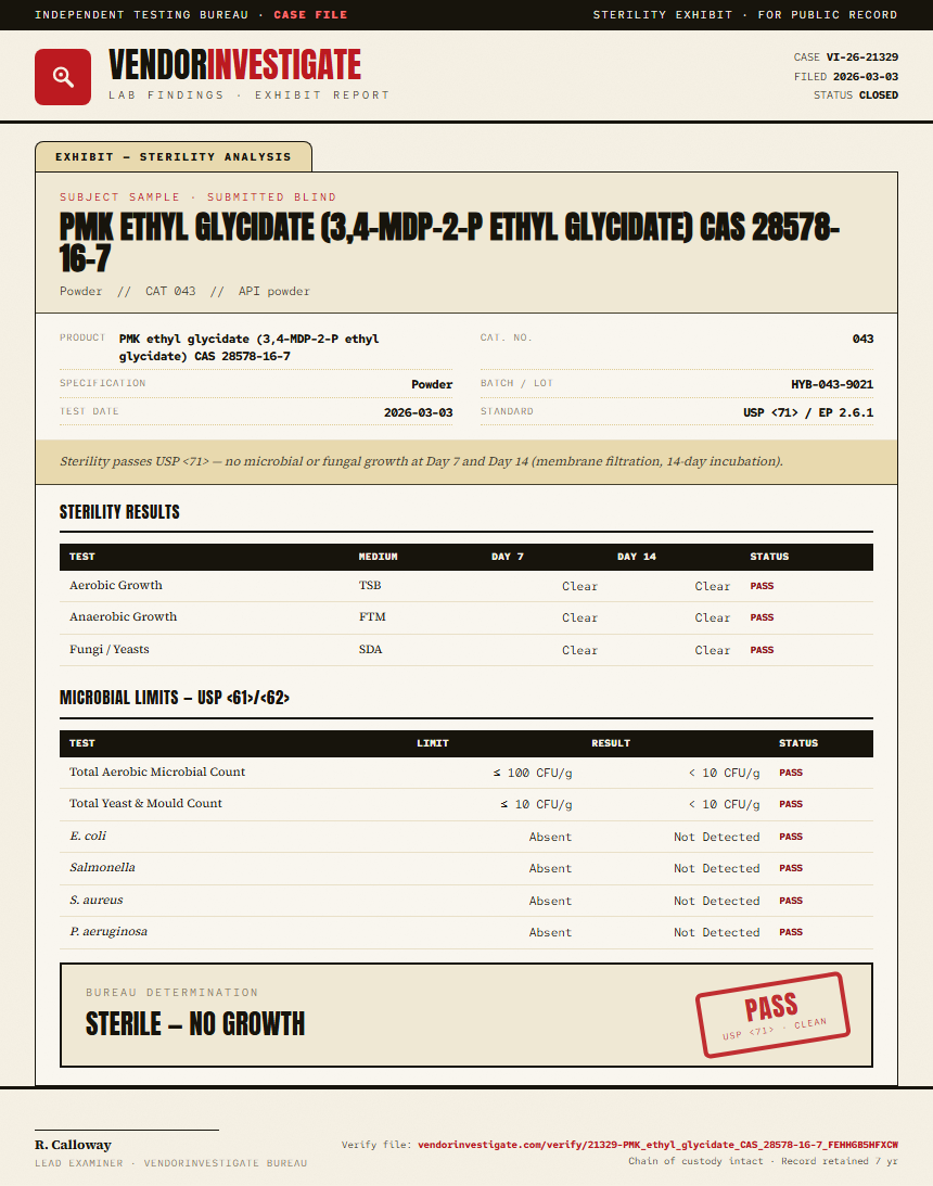 PMK ethyl glycidate (3,4-MDP-2-P ethyl glycidate) CAS 28578-16-7 Sterility report by VendorInvestigate