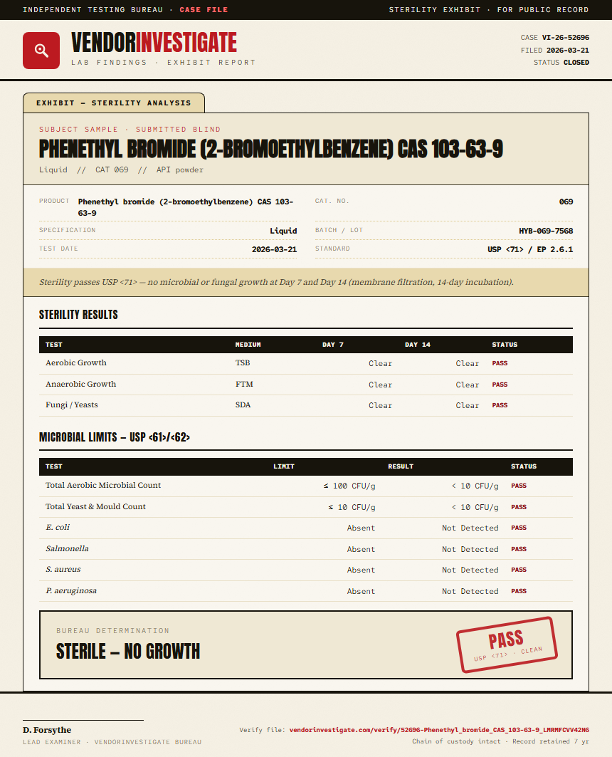 Phenethyl bromide (2-bromoethylbenzene) CAS 103-63-9 Sterility report by VendorInvestigate